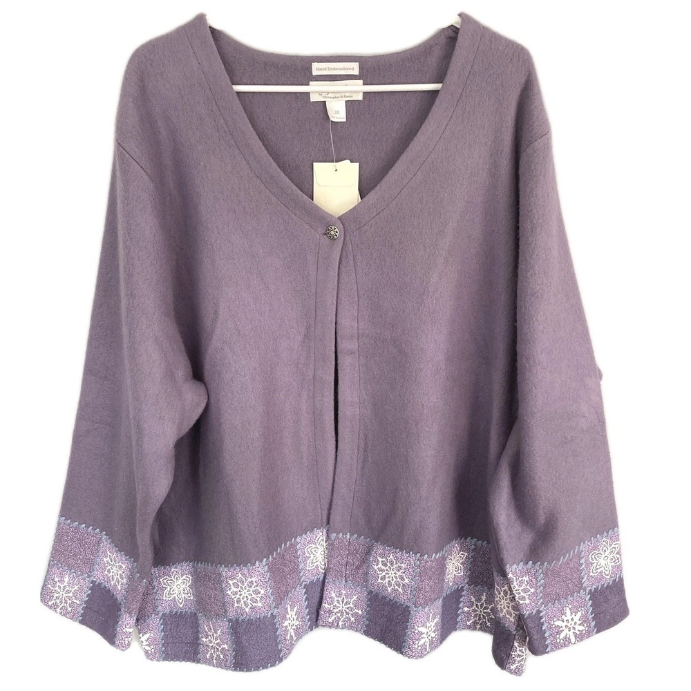 CJ Banks Cardigan Sweater Women 3X Purple Snowflake Holiday Embroid. Fleece NWT